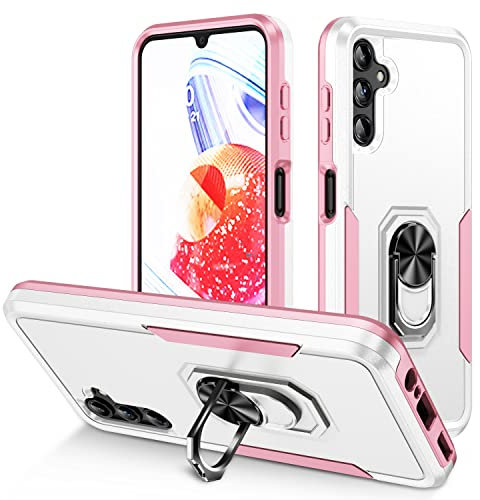 Samsung Galaxy S23 FE Case with Ring Holder Kickstand, Military Grade Protective Cover [Hard PC Back] Magnetic Heavy Duty Tough Armour Shockproof Phone Case for Samsung S23 FE 5G, White & Pink