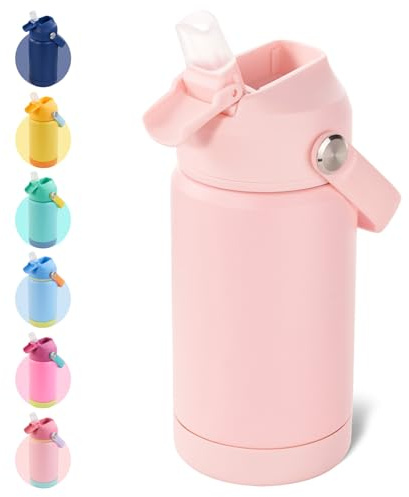 Kerilyn 12oz Kids Water Bottle, Stainless Steel Insulated Water Bottle for Kids, Toddler Cup With Straws Leak-proof, Toddler Water Bottles for School Boys Girls, BPA Free, Pink