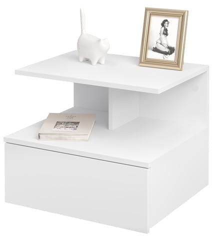 WOLTU Nachttisch hängend, schwebender Nachtschrank mit Schublade, offenem Fach, Wandregal Nachtkommode, 40x31x35 cm, Nachtkonsole, Wandschrank, weiß, aus Holzwerkstoff, NTS03ws