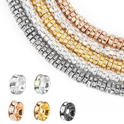 500 Stück Funkelnde Perlen für Armbänder,DIY Perlen zum Auffädeln, Strassstein Bastelperlen zum Auffädeln,Rondelle Zwischenperlen für Armbänder und Halsketten (Gold, Silber, Rose Gold, Gunmetal, AB)