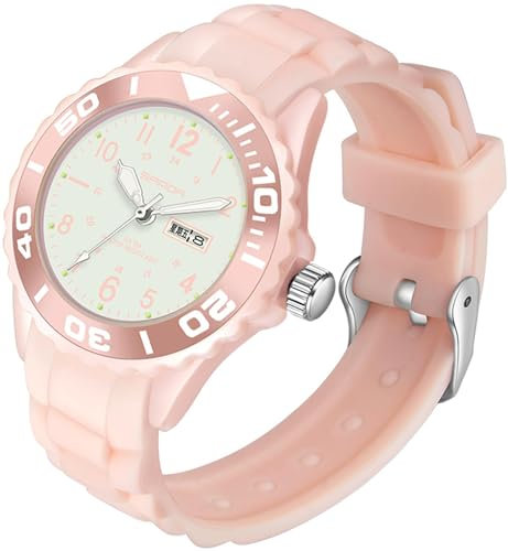 findtime wasserdichte Damen Uhr für Frauen Mädchen Studenten Candy Farbe Silikonband 24 Stunden mit Sekundenzeiger Farbiges Arabische Ziffern Analog Rosa Quarzuhr mit Datum Woche