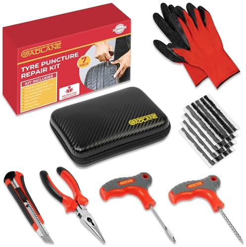 GADLANE Kit de reparación de neumáticos sin cámara, kit de reparación de neumáticos planos de 7 piezas para coche, motocicleta, camión, ATV, Jeep, tractor y más, kit de reparación de pinchazos de