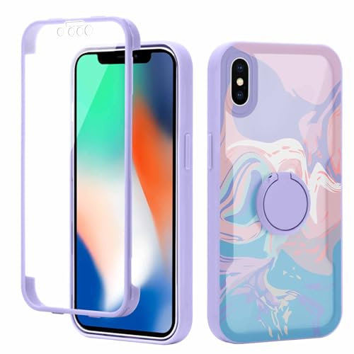 Yoedge Kickstand Phone Case for iPhone XS Max 6,5, 360°Rotatable Magnetic Ring Holder Cases, Full Body Shockproof Silicone TPU Back Cover with Built-in Screen Protector Case, marble