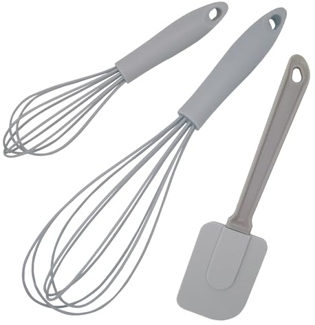 Schneebesen, Teigschaber, 3 Stück 21 cm, 30 cm, Rührbesen, Rühren, Mischen, Quirl, spülmaschinengeeignet (hell-anthrazit)