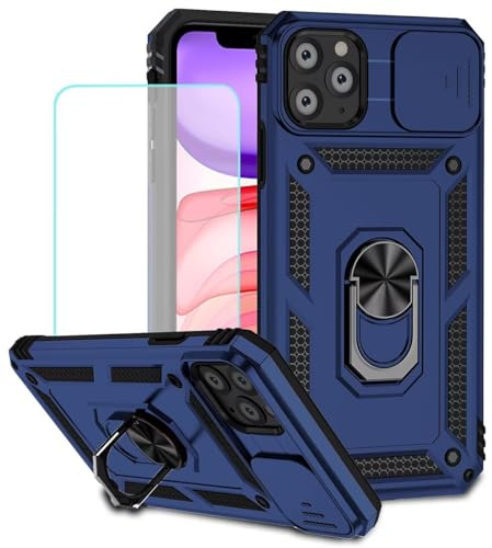 Jhxtech for iPhone 11 Pro Max Case 6.5 Case with Tempered Glass Screen Protector and Slide Camera Cover, Magnetic Ring Car Mount Holder Kickstand Protective Cases Cover for iPhone 11 Pro Max Blue