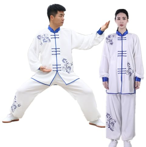 TANZEQI Uniforme de Tai Chi bordado a mano, unisex, de algodón, traje chino de Kung Fu para artes marciales para hombres y mujeres, Azul, Medium