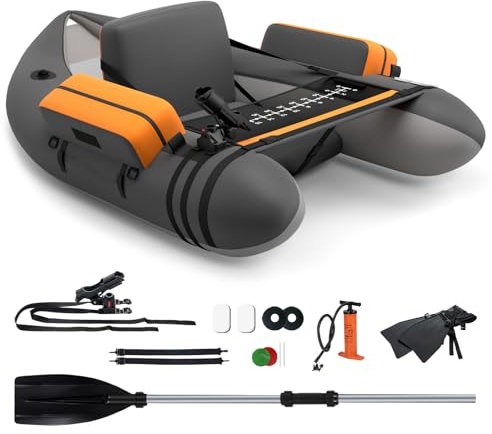 COSTWAY Inflatable Fishing Float Tube, Fishing Boat with Pump, Adjustable Straps, Paddle, Pockets, Fish Ruler, Rod Holder & Flippers, 150kg Capacity Adult Belly Boat (Grey, 135x110x54cm)