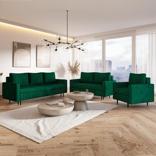 MOTIVENA Leo Sofagarnituren, Sofa Set 3 2 1 Wohnzimmer, Sofa 3 2 1 Set, Couch Set, Futon Set, Wohnzimmer Couch Set, Couch 3 2 1 Set, Bonellfederkern (H4), Samt, Grün Dunkelgrün