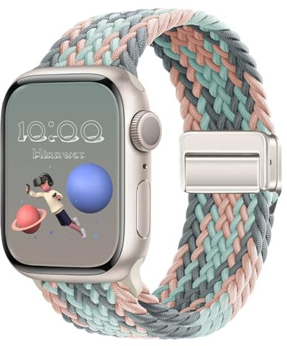 Hinnwer Geflochten Armband für Apple Watch Armband 42mm 38mm 40mm 41mm Damen Herren, Elastisch Nylon Stoff Band mit Magnetisch Verschluss für iWatch SE 2 SE Series 10 9 8 7 6 5 4 3 2 1 Grau/Blau/Pink