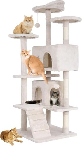 FDW Arbre à Chat Hauteur 177 cm Tour de Jeux pour Chat avec 2 Niches 3 Plateformes 2 Boules en Sisal Arbre à Grimper Multi-Niveaux Idéal pour 3-4 Chats Gris Beige