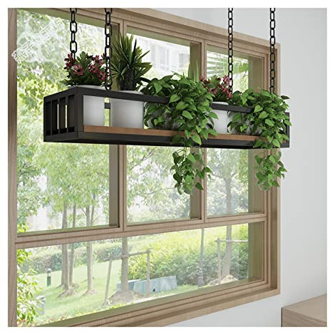 Hanging Flower Pot Rack Storage Ceiling Hanging Plant Stand with Solid Wood Board and Iron Frame Creative Plant Railing Shelf for Bar Flower Shop Balcony