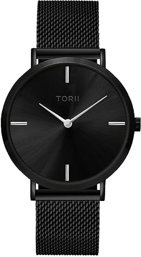 TORII Unisex-Uhr Schwarz Edelstahl - rund Quarz B38BM.BS Milanaise-Armband Strichindizes wasserdicht 50 m