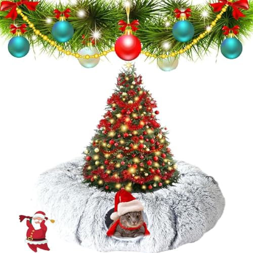 Cat Christmas Tree Skirt & Tunnel, Soft Cat Bed for Kitten, Gray