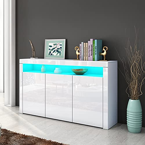 Ikewaier Sideboard Anrichte mit 3 Türen Hochglanz Front Anrichte Schrank Küche Lagerung Beistellschrank Fernsehtisch mit LED-Beleuchtung für Esszimmer Wohnzimmer Weiß 152cm