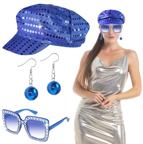 Oerphh 70er Jahre Disco-Hut-Set, 3-teiliges Pailletten-Glitzer-Abba-Hut mit glitzernder Sonnenbrille, Disco-Ohrringe, Disco-Zubehör für Erwachsene, Tanz-Mottoparty (blau)