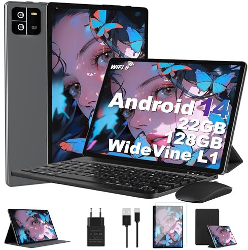 MIRGAMO Tablet 10 Pollici,Android 14 Tablets 22GB RAM+128GB ROM(TF 1TB),Octa-Core,8000mAh,WiFi, GMS,Widevine L1,1920 * 1200 FHD/Bluetooth 5.0/16MP+8MP,Tablet 2 in 1 Tastiera+Mouse-Argenteo