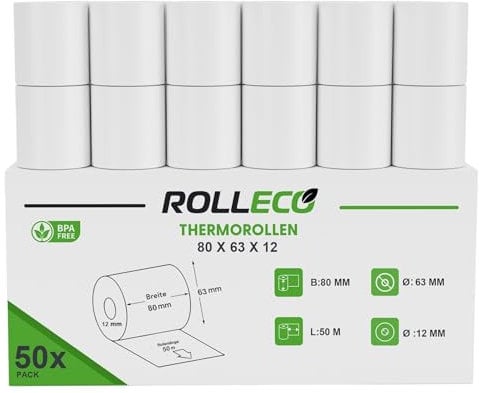 50x Thermorollen 55gsm 80 x 50m x 12mm Bonrollen/Kassenrollen Bpa frei für alle gängigen Thermo Kassen-Bondrucker B: 80mm x L: 50m Ø80mm (50)