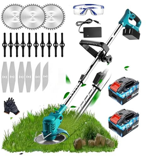 Rasentrimmer Mit Akku Akkurasenmäher für Makita,21V Elektrischer Rasentrimmer mit 2X 4000mAh Batterien und Ladegerät, 90°Drehkopf, Teleslopstiel, Rasenkantenschneider Akku-Freischneider für Garten