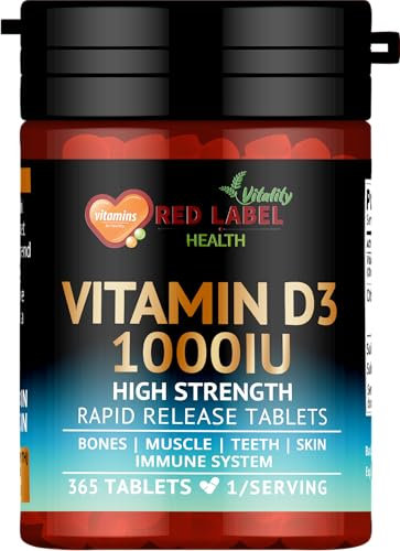 Red Label Health Vitamin D 1000iu, 1 Year Supply, 365 Easy-Swallow Vitamin D Tablets, Vegetarian Vitamin D3 Supplement for Men, Women, High Strength Immune Support Supplement
