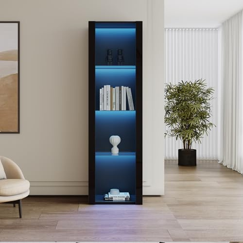 Moimhear Hochglanz-Vitrine mit LED-Beleuchtung, 3 Glasböden, 55x38x166cm, Vitrinen, Standvitrinen, Hochschränke, Lagerschränke (Schwarz)