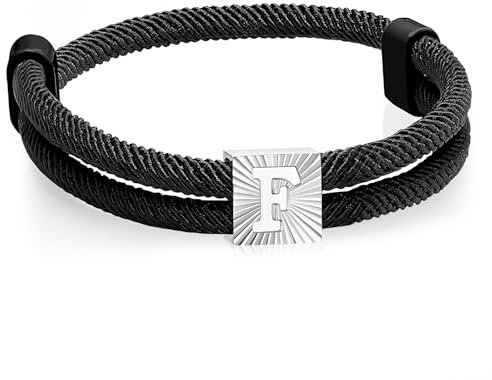 Segeltau Armband Herren mit Buchstaben Surferarmband - Schwarz Segler Nylon Surf Armbänder mit Initial A-Z Buchstabe, Verstellbares Surfer Armband Geschenke für Männer Junge Geburtstag, F