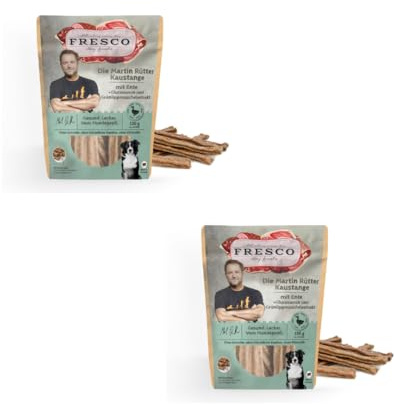 Kaustange Rinderkopfhaut mit Ente | Kaustange für Hunde | 2 x 150 g | Fresco | Ergänzungsfuttermittel | Zur Ergänzung der Fütterung mit Glucosamin und Grünlippmuschelextrakt | Doppelpack