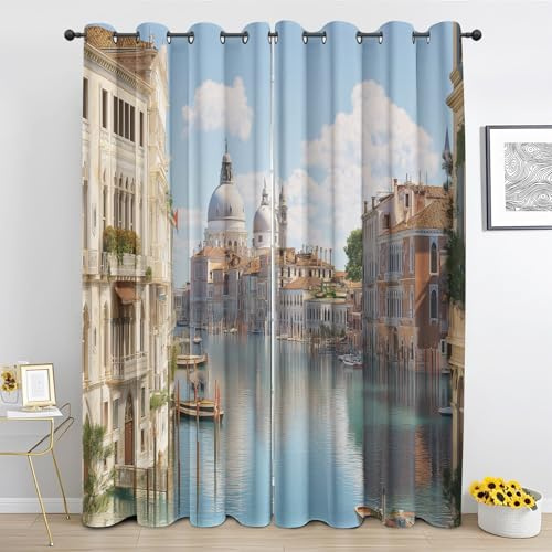 Generisch Italien Vorhang Blickdicht, Mediterrane Stadt Landschaft Vorhänge Mit ösen Blackout Curtain Thermo Vorhang Schlafzimmer Wohnzimmer Verdunklungsvorhänge 2er Set H 145 x B 140 cm