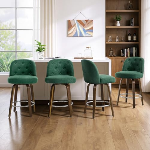 Bekrvio Lot de 4 Tabourets de Bar Pivotants 65 cm, Dossier à Boutons, Vert | Assise 10 cm, mousse haute résilience, pieds de chaise en noyer, idéale pour îlot central, bar ou coin repas