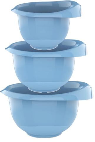 Engelland - 3er Set Backschüsseln mit Griff, Rührschüsseln, Salatschüsseln, robust, BPA-frei, stapelbar, rutschfeste Silikonfüße, Einhandausguss, Kunststoff, Farbe: Pastell-Blau