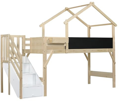 Azkoeesy Hausform-Kinderbett 90x200 cm mit Treppe und 3 Staufächern, Hochbett mit Geländer und Gitter, Etagenbett aus Kiefernholz, Natur, max 120 kg