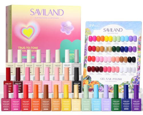 SAVILAND All-in-1 U V Nagellack Set 24 Stück HEMA-freies Gel Nägel Set | U V Soak Off Gel Polish mit Farbkarte Unterlack Überlack Builder Gel für Nagel Design Salons Geschenke für Frauen 10 ml