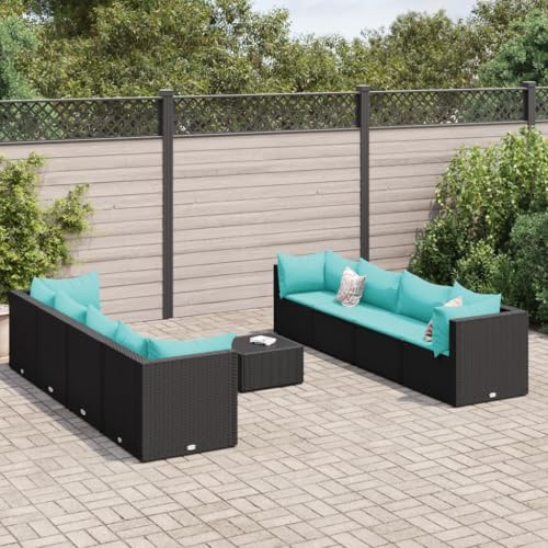 Ordellia Salon de jardin 9 pièces en polyrotin noir - Mobilier d'extérieur modulaire avec coussins, table basse en verre, pieds réglables, résistant aux UV