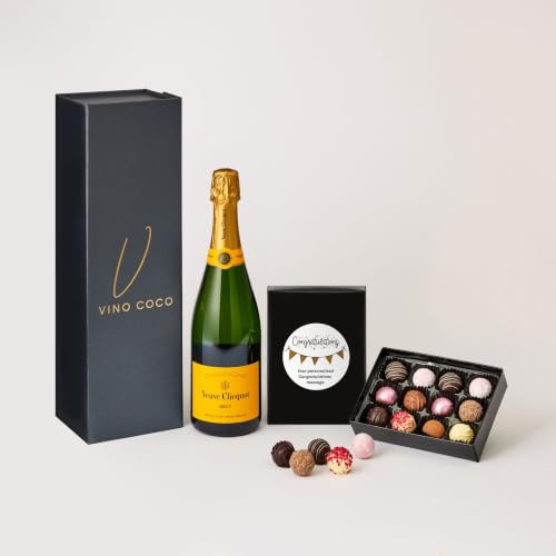 Vino Coco Personalised Congratulations Veuve Clicquot Champagne Gift Set | Veuve Clicquot Yellow Label Brut Champagne Gift Set with 12 Luxury Chocolate Truffles - 12.5% ABV