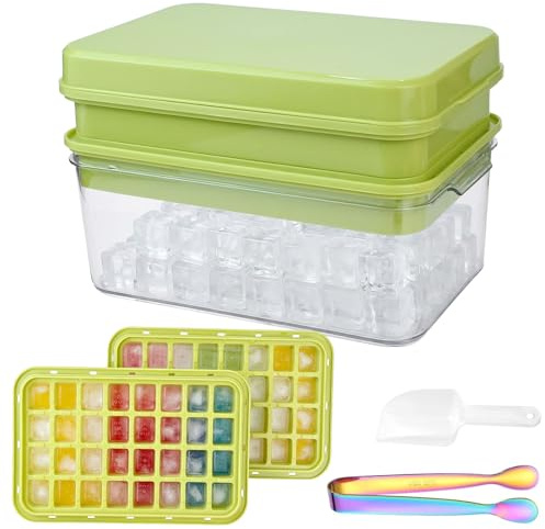 Juego de cubitera con tapa – Cubitera con recipiente, fácil de liberar y almacenar hielo, doble capa, 64 unidades de cubitos de hielo para bebidas refrigeradas, batidos de whisky, una pala y pinzas