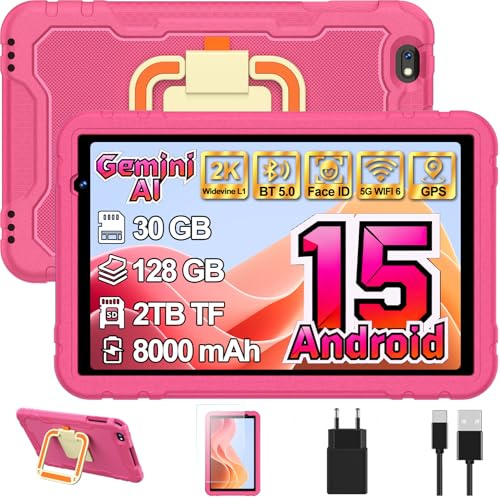 Tablette enfants 10 Pouces Android 15 avec Gemini AI, 30GO + TF 2TO - Rose | EVA Étui de Protection Antichoc + 360° Support, 8000 mAh, Widevine L1, Octa-Core 2.0Ghz, GPS, Face ID, 5G WIFI, BT 5.0
