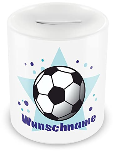 Samunshi® Kinder Spardose mit Namen und Fussball als Motiv für Kinder - Jungen und Mädchen Sparschwein 330ml weiß