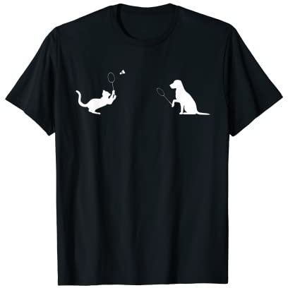 Lustiges Witziges Badminton Katze und Hund Design Outfit T-Shirt