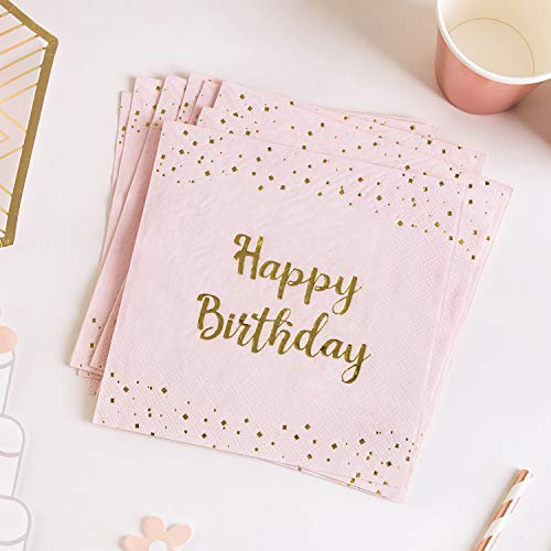 SUNBEAUTY 20 Stück Rosa Geburtstag Servietten Happy Birthday Folie Gold Papierservietten Mädchen Geburtstag Partyzubehör