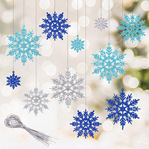 30 Pezzi Fiocchi di Neve Ornamenti, Fiocchi di Neve Glitter da Appendere per Addobbi Albero di Natale e Ghirlande (Blu, Azzurro, Argento)