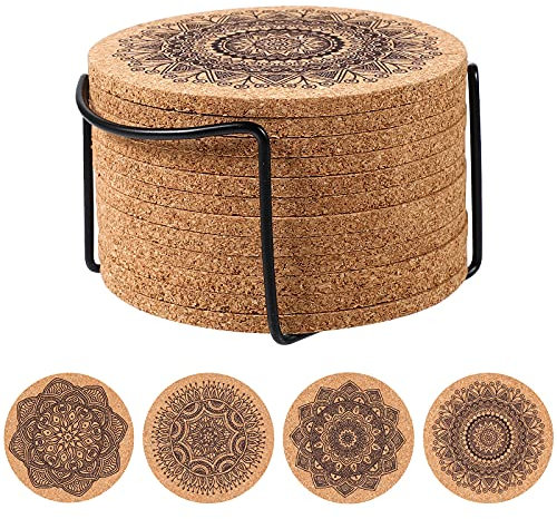 Kork Untersetzer rund für Gläser: 12Pcs Wiederverwendbare Korkuntersetzer Saugfähigen Tasse Coaster Holz Mandala Glasuntersetzer mit Rack für Kaffee Home Bar Küche Restaurant