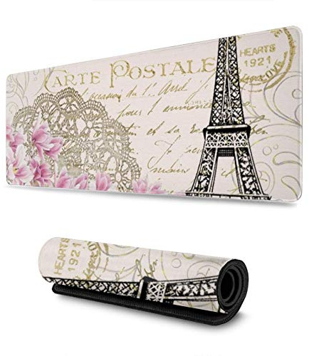 Tapis de souris de gaming vintage avec motif Tour Paris et fleur rose - Tapis de souris XL - Grand tapis de souris antidérapant en caoutchouc - Bords cousus - 80 x 30 cm