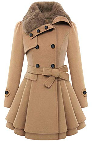 YMING Femmes Hiver Manches Longues Fourrure Col Manteau Outwear Élégant Long Double Boutonnage Chaud Belted Veste En Mélange De Laine Manteau De Loisirs Kaki XXS