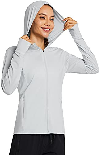 MASKERT Damen UV Shirt Sonnenschutz Hoodie Laufshirt Langarm Full Zip Funktionsshirt Wandershirts Sportshirt Running mit Taschen Outdoor Jacke UPF 50+, Hellgrau XL