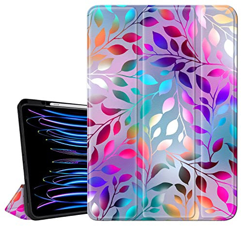 Hi Space Schutzhülle für iPad Pro 12,9 Zoll 2022, 2021, 2020, 2018, 6., 5., 4., 3. Generation, mit Stifthalter, mattiertes, buntes Blatt-Design, dreifach gefaltet, schützend, stoßfest, automatische