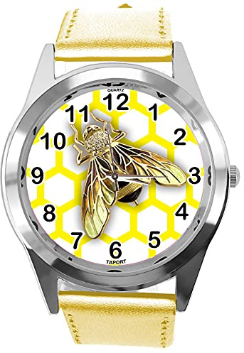 TAPORT® Runde Quarz-Armbanduhr für Bienenfans, Leder, goldfarben