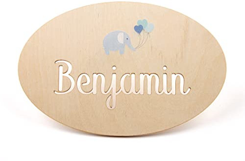 Baby Namensschild oder Kinderzimmer Türschild 'Elefant' aus Holz mit ausgestanztem Namen. Dieses Namensschild eignet sich als dekoratives Geschenk zur Geburt oder als Türschild fürs Kinderzimmer