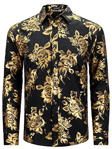 HISDERN Schwarz Blumenhemd Herren Langarm Goldenes Rose Muster Hemden Elegant Satin Mode Freizeithemd Party Bar Hochzeit Regulär XL