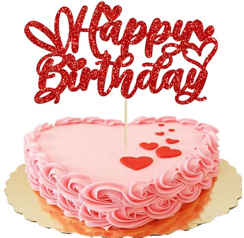 Gyufise 1 Pack Red Glitter Happy Birthday Cake Topper with Love Heart Glitter Valentine's Day Cake Picks Love Theme Baby Shower Kids Birthday Party Cake Decorations Supplies