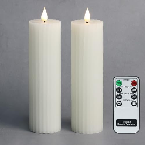 Fanna White Slim Column Battery Operated Flameless LED Candles, Christmas Pillar Candles Stripe Design, Batteries and Remote Included - Set of 2(D 5.5 cm x H 20.5 cm)