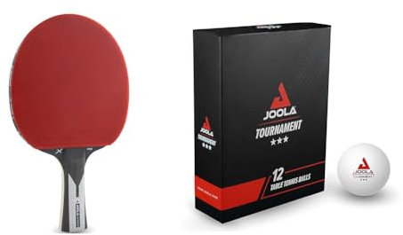 JOOLA 54206 Tischtennisschläger Carbon X Pro ITTF genehmigter Profi 7 Sterne, 2 MM, Schwarz/Grau & Tischtennisbälle Tournament 3-Stern Selektierte 40+mm Durchmesser Premium Weiss, 12 Stück